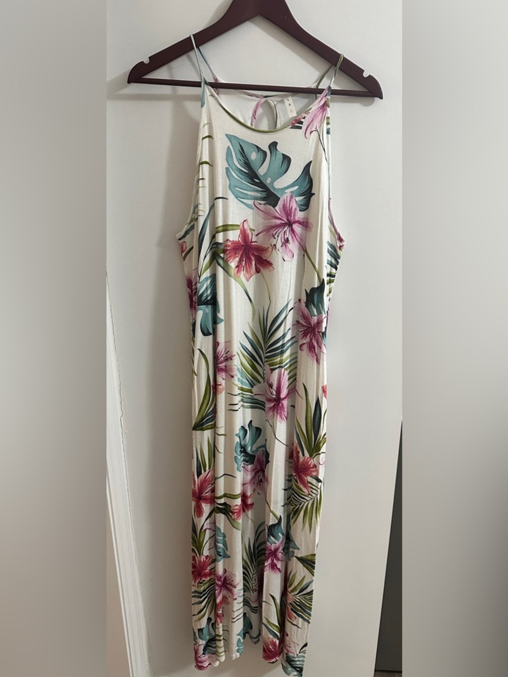 mts White Maxi Dress with Pink Floral & Green Leaf Print